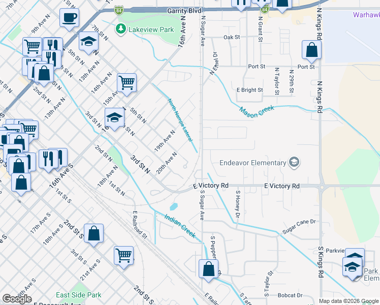 map of restaurants, bars, coffee shops, grocery stores, and more near 516 20th Avenue North in Nampa