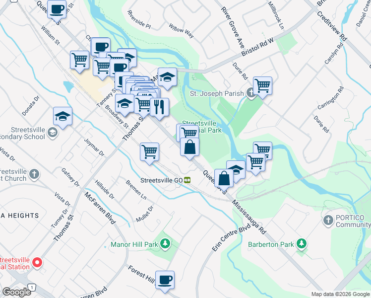 map of restaurants, bars, coffee shops, grocery stores, and more near 317 Queen Street South in Mississauga