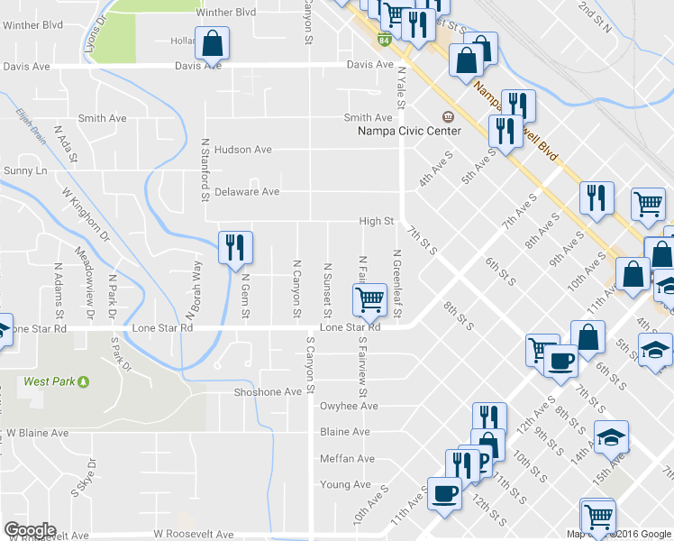 map of restaurants, bars, coffee shops, grocery stores, and more near 28 N Sunset St in Nampa