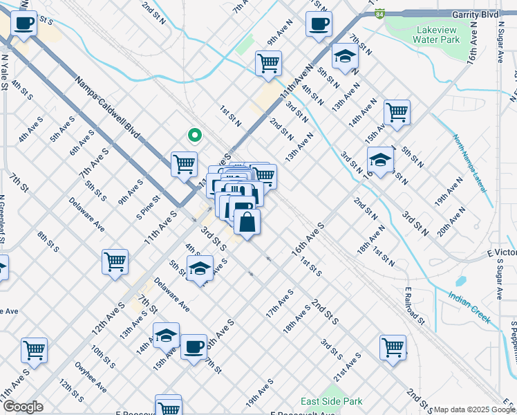 map of restaurants, bars, coffee shops, grocery stores, and more near 1314 1st Street South in Nampa