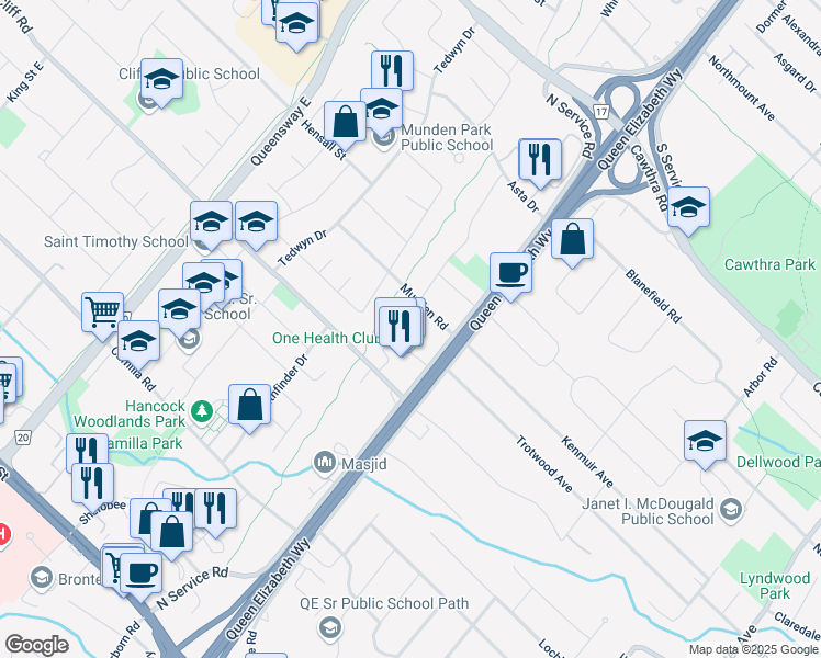 map of restaurants, bars, coffee shops, grocery stores, and more near 423 Ladycroft Terrace in Mississauga