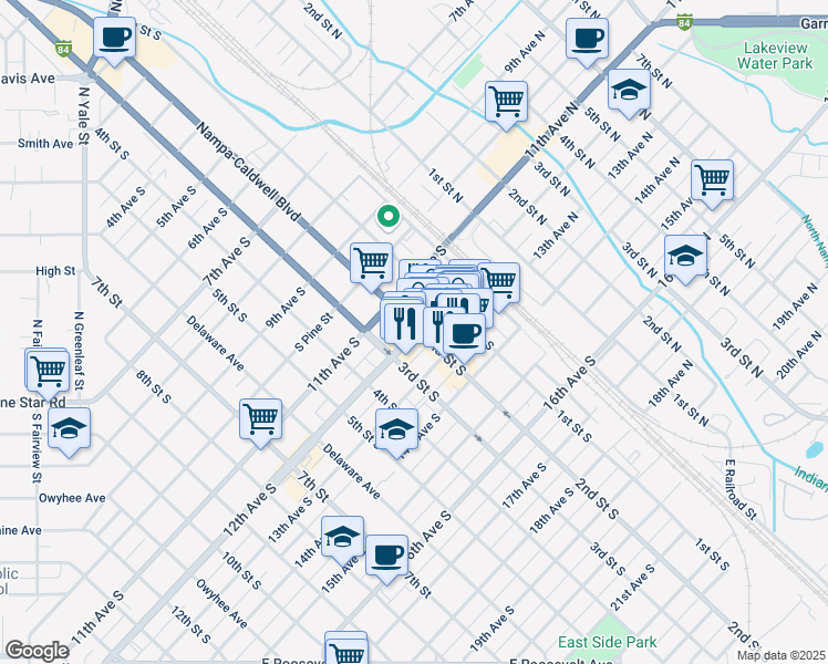 map of restaurants, bars, coffee shops, grocery stores, and more near 203 12th Avenue South in Nampa