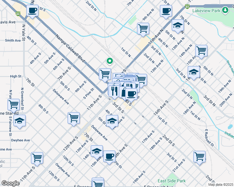 map of restaurants, bars, coffee shops, grocery stores, and more near 203 12th Avenue South in Nampa