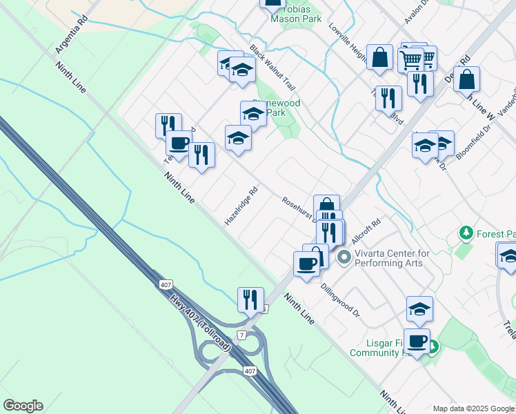 map of restaurants, bars, coffee shops, grocery stores, and more near 3879 Densbury Drive in Mississauga