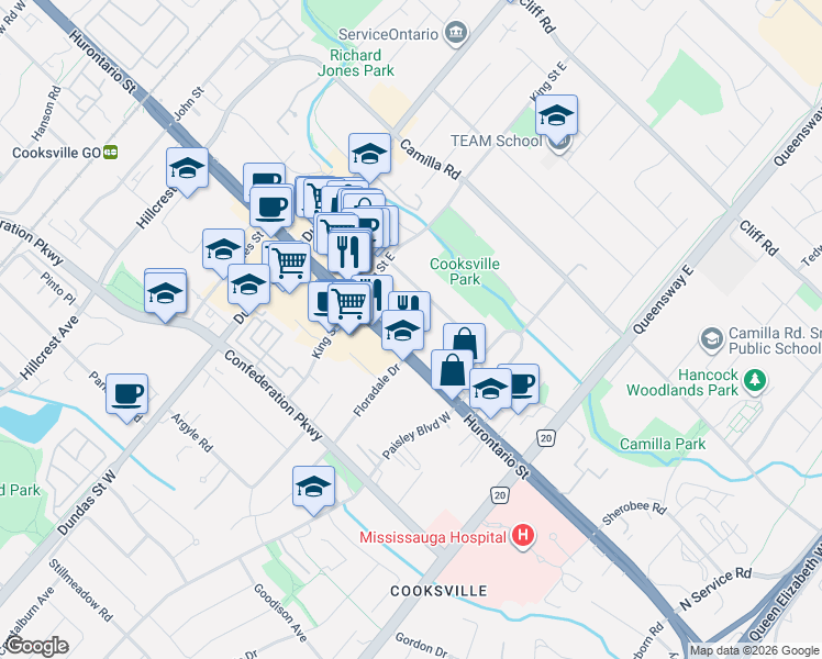 map of restaurants, bars, coffee shops, grocery stores, and more near 2475 Hurontario Street in Mississauga