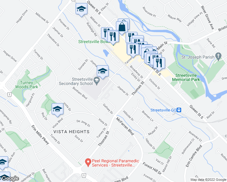 map of restaurants, bars, coffee shops, grocery stores, and more near 121 Joymar Drive in Mississauga