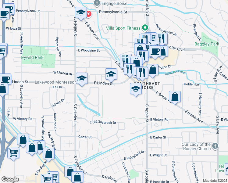 map of restaurants, bars, coffee shops, grocery stores, and more near 401 East Linden Street in Boise