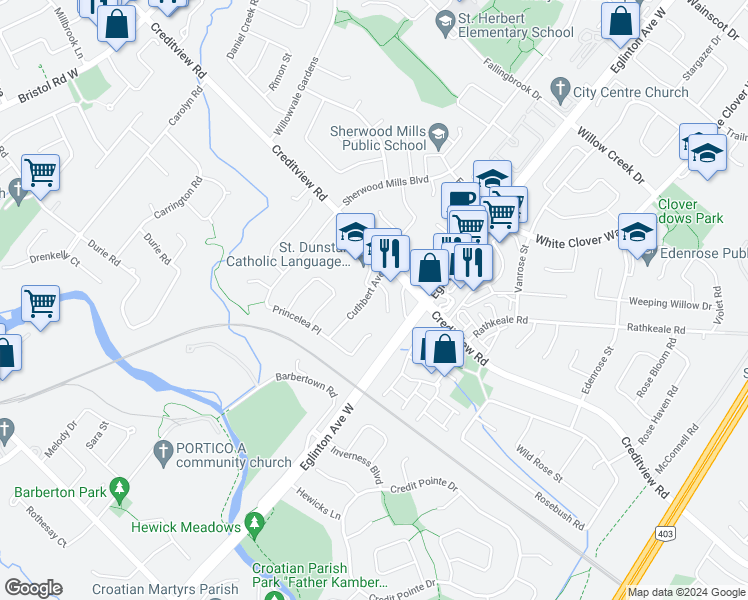 map of restaurants, bars, coffee shops, grocery stores, and more near 1538 Cuthbert Avenue in Mississauga