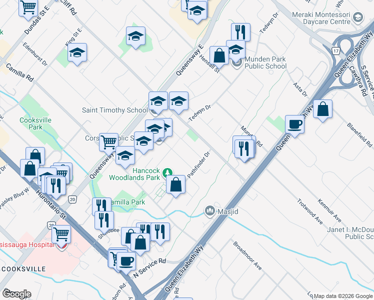 map of restaurants, bars, coffee shops, grocery stores, and more near 2189 Corsair Road in Mississauga