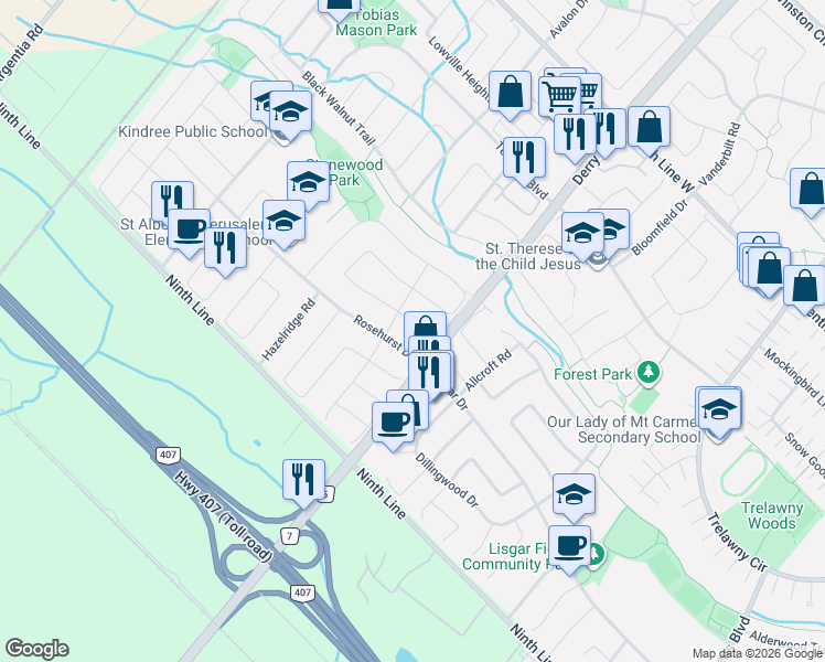 map of restaurants, bars, coffee shops, grocery stores, and more near 3870 Laurenclaire Drive in Mississauga