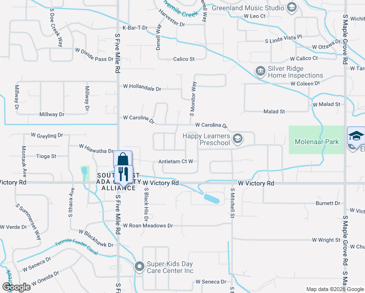 map of restaurants, bars, coffee shops, grocery stores, and more near 2789 South Monitor Avenue in Boise