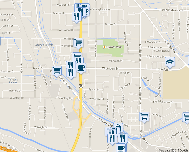 map of restaurants, bars, coffee shops, grocery stores, and more near 2623 South Leadville Avenue in Boise