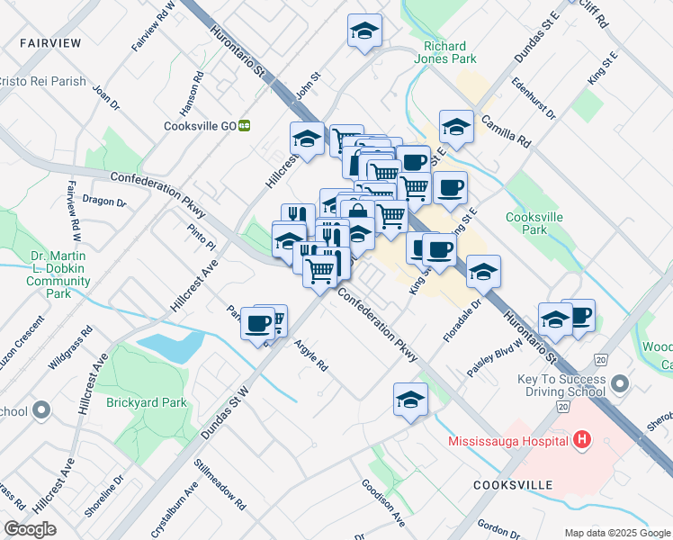 map of restaurants, bars, coffee shops, grocery stores, and more near 113 Dundas Street West in Mississauga