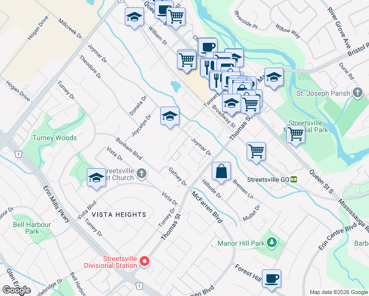 map of restaurants, bars, coffee shops, grocery stores, and more near 121 Joymar Drive in Mississauga