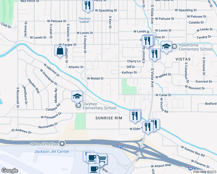 map of restaurants, bars, coffee shops, grocery stores, and more near 2697 South Kerr Street in Boise