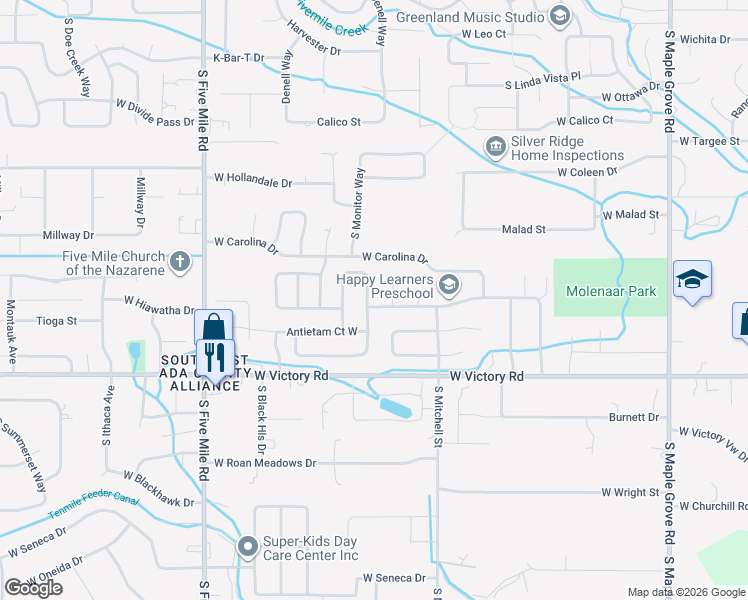 map of restaurants, bars, coffee shops, grocery stores, and more near 2786 South Moultrie Avenue in Boise