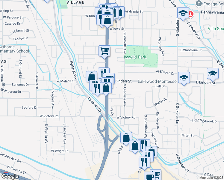 map of restaurants, bars, coffee shops, grocery stores, and more near 923 South Linden Park Way in Boise