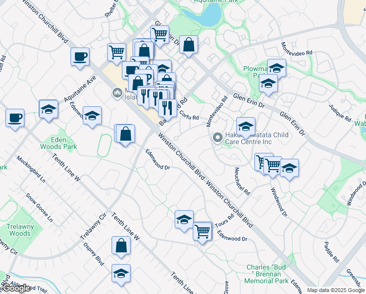 map of restaurants, bars, coffee shops, grocery stores, and more near 2949 Arles Mews in Mississauga