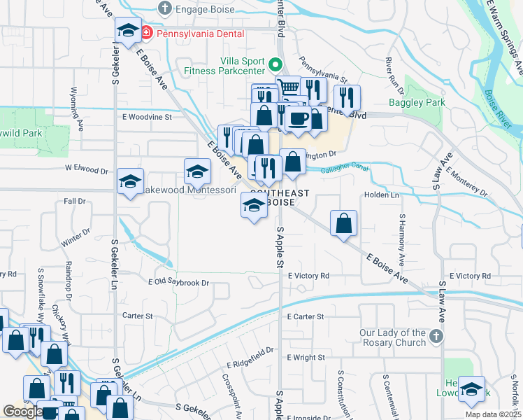 map of restaurants, bars, coffee shops, grocery stores, and more near 701 East Boise Avenue in Boise
