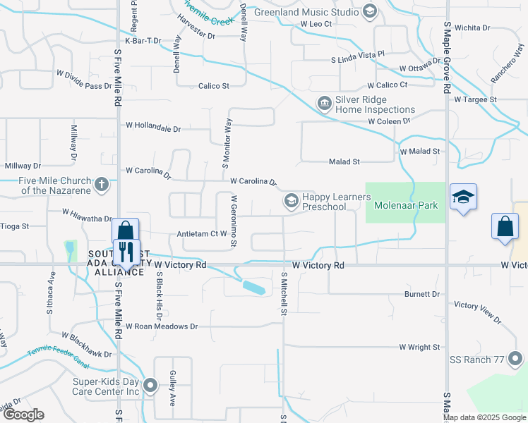 map of restaurants, bars, coffee shops, grocery stores, and more near 2751 South Rebel Place in Boise