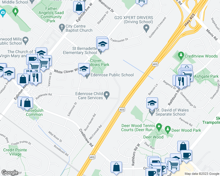 map of restaurants, bars, coffee shops, grocery stores, and more near 4375 Violet Road in Mississauga