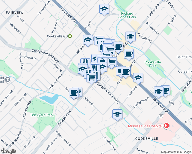 map of restaurants, bars, coffee shops, grocery stores, and more near in Mississauga