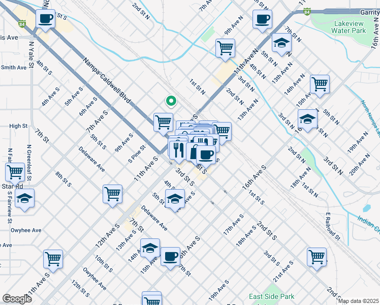 map of restaurants, bars, coffee shops, grocery stores, and more near 1200 2nd Street South in Nampa