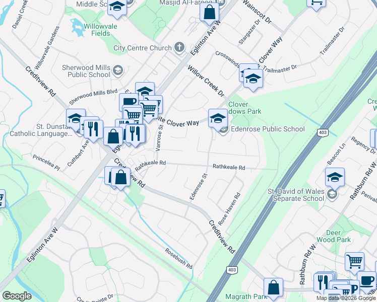 map of restaurants, bars, coffee shops, grocery stores, and more near 4857 Rosewater Court in Mississauga