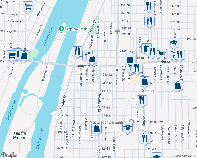 map of restaurants, bars, coffee shops, grocery stores, and more near 912 Broadway Street in Bay City