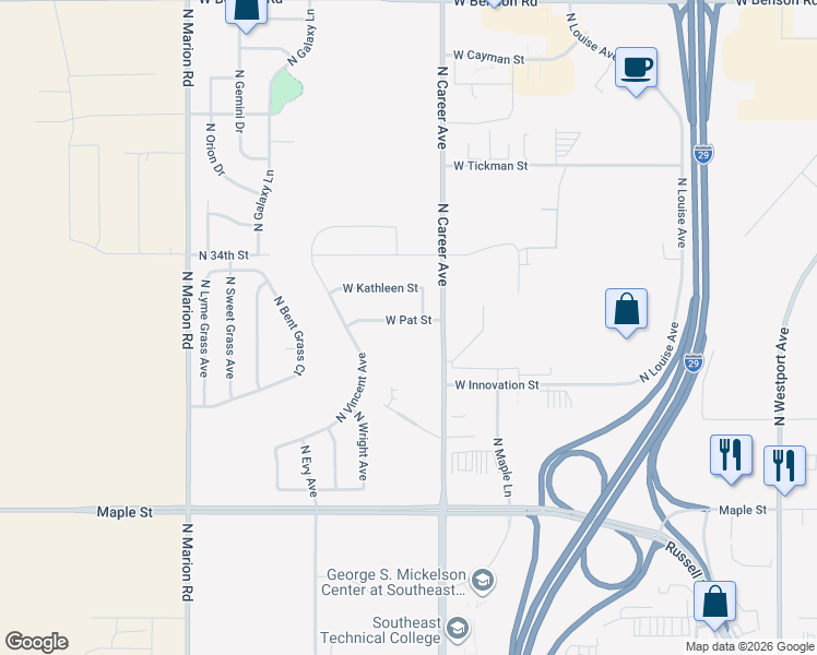 map of restaurants, bars, coffee shops, grocery stores, and more near 4305 Pat Street in Sioux Falls