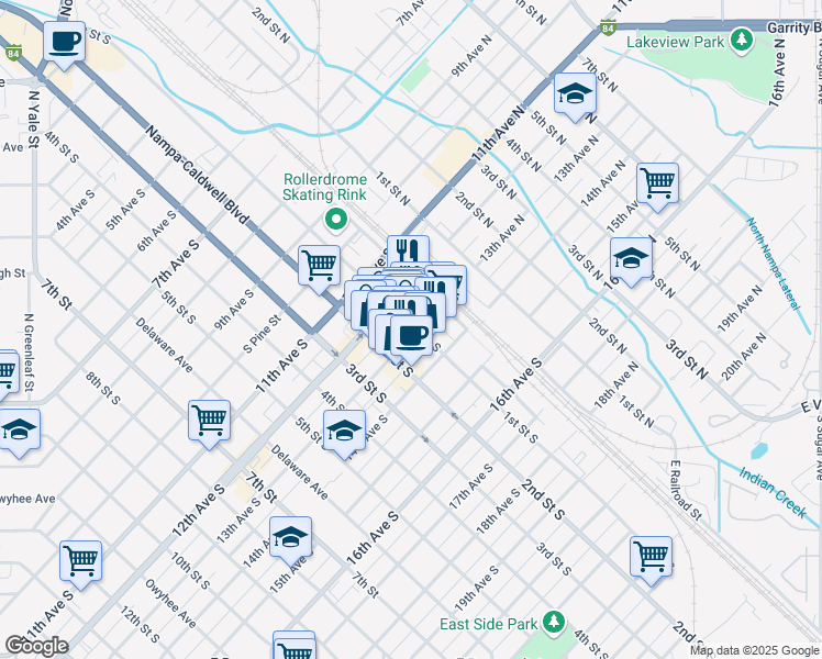 map of restaurants, bars, coffee shops, grocery stores, and more near 1225 1st Street South in Nampa