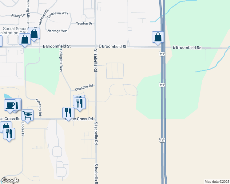 map of restaurants, bars, coffee shops, grocery stores, and more near 4375 South Isabella Road in Mount Pleasant