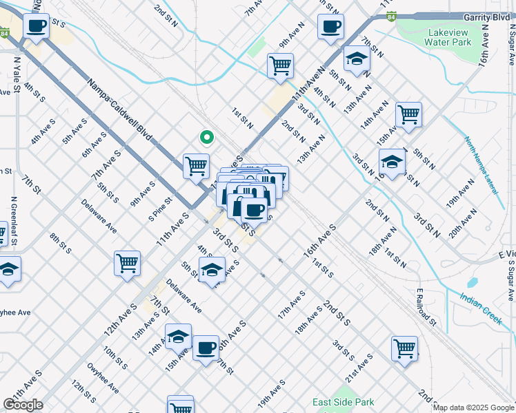 map of restaurants, bars, coffee shops, grocery stores, and more near 1314 1st Street South in Nampa