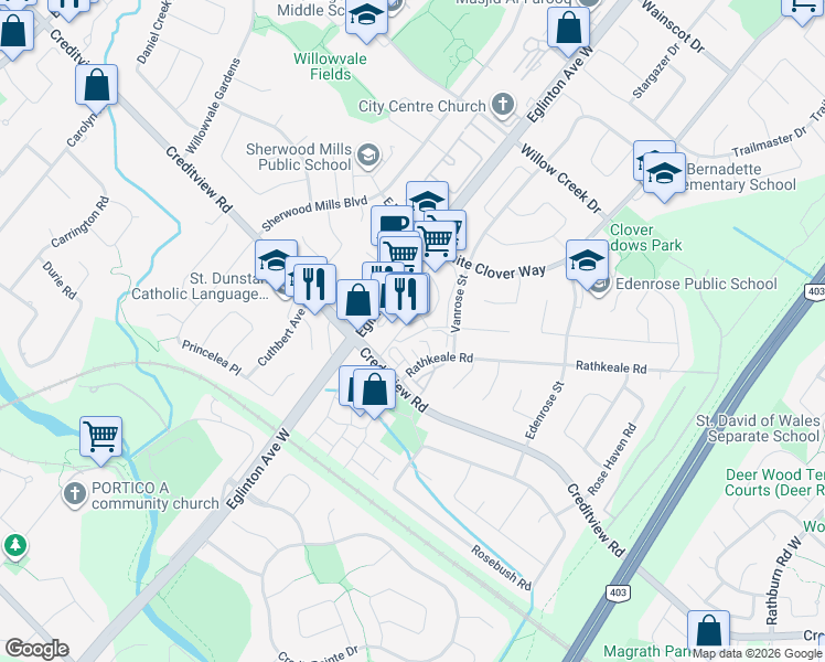 map of restaurants, bars, coffee shops, grocery stores, and more near 1250 Eglinton Avenue West in Mississauga