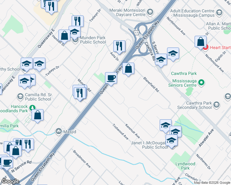 map of restaurants, bars, coffee shops, grocery stores, and more near 1612 Kipper Avenue in Mississauga