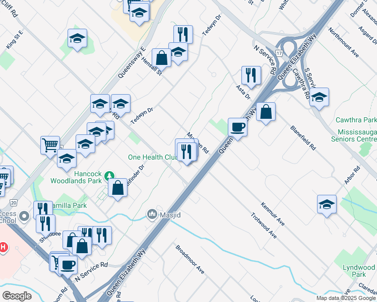 map of restaurants, bars, coffee shops, grocery stores, and more near 423 Ladycroft Terrace in Mississauga