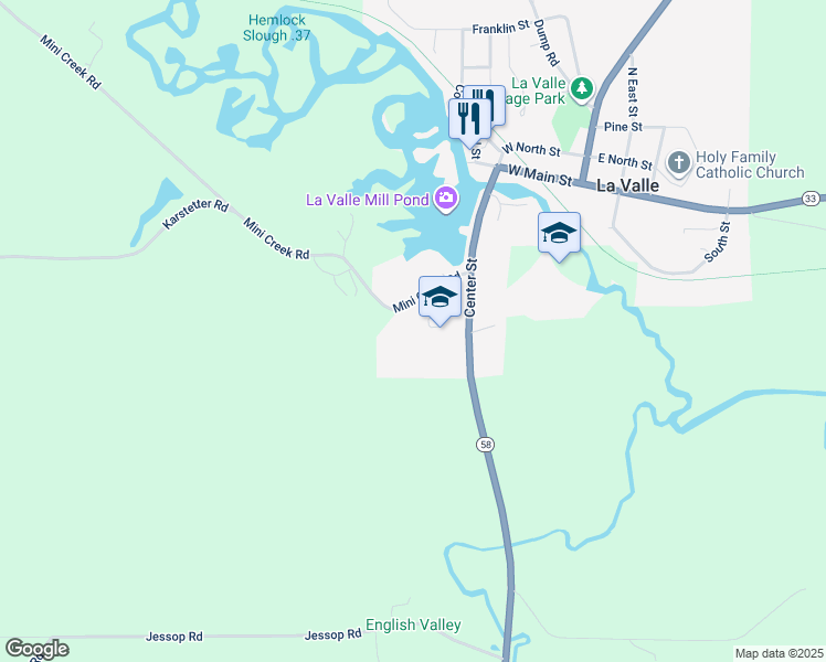 map of restaurants, bars, coffee shops, grocery stores, and more near 113 South River Street in La Valle
