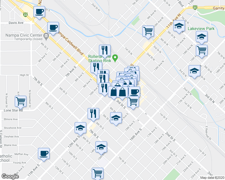 map of restaurants, bars, coffee shops, grocery stores, and more near 1100 3rd Street South in Nampa