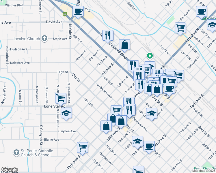 map of restaurants, bars, coffee shops, grocery stores, and more near 512 8th Avenue South in Nampa