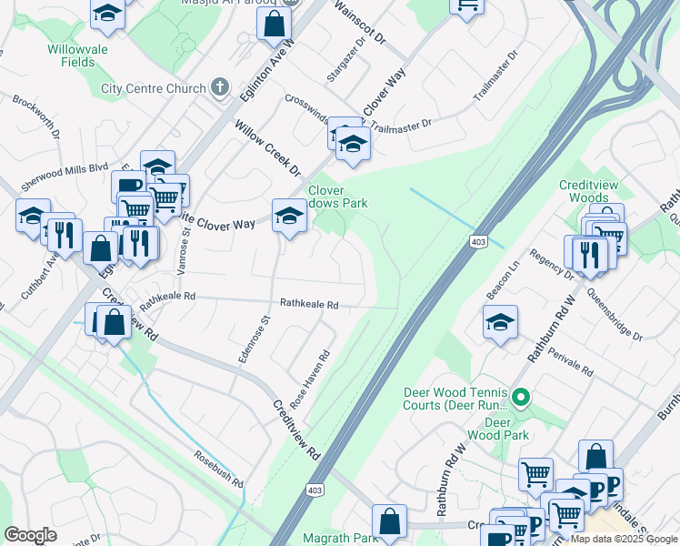 map of restaurants, bars, coffee shops, grocery stores, and more near Violet Road in Mississauga