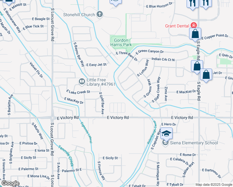 map of restaurants, bars, coffee shops, grocery stores, and more near 2242 East Mackay Court in Meridian