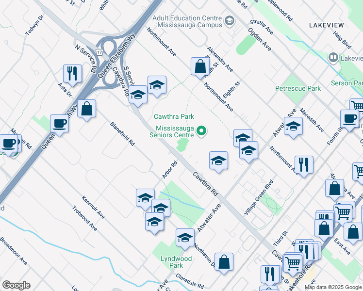 map of restaurants, bars, coffee shops, grocery stores, and more near 1399 Cawthra Road in Mississauga