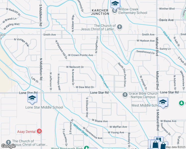 map of restaurants, bars, coffee shops, grocery stores, and more near 37 North Willow Wind Way in Nampa