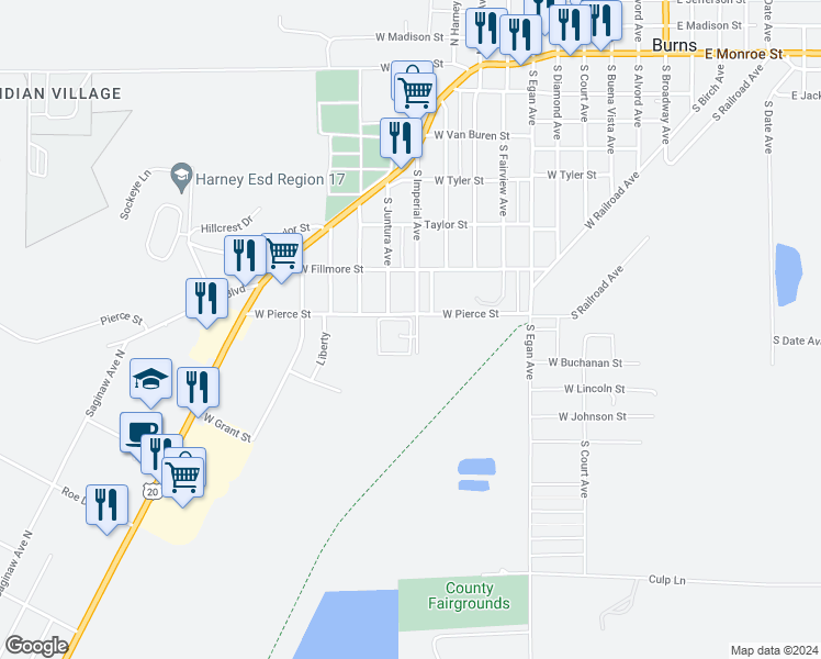 map of restaurants, bars, coffee shops, grocery stores, and more near in Burns