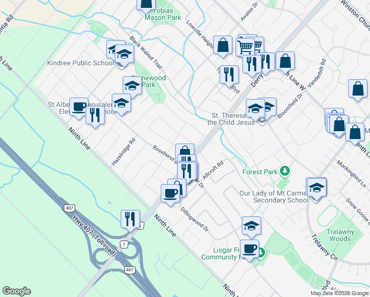 map of restaurants, bars, coffee shops, grocery stores, and more near 7031 Graydon Court in Mississauga