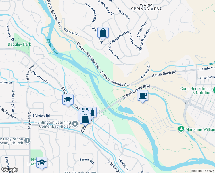 map of restaurants, bars, coffee shops, grocery stores, and more near 2851 East Warm Springs Avenue in Boise