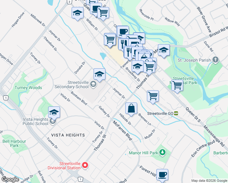 map of restaurants, bars, coffee shops, grocery stores, and more near in Mississauga