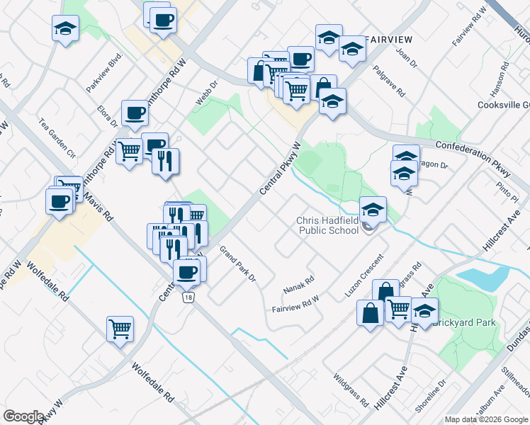 map of restaurants, bars, coffee shops, grocery stores, and more near 3440 Redmond Road in Mississauga