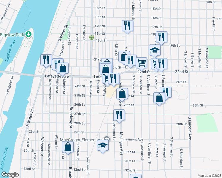 map of restaurants, bars, coffee shops, grocery stores, and more near 1001 25th Street in Bay City