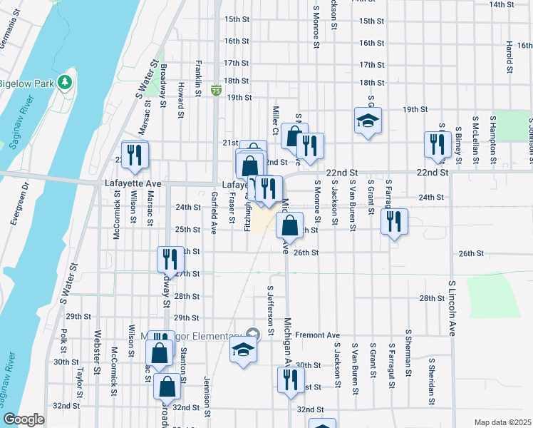 map of restaurants, bars, coffee shops, grocery stores, and more near 1001 25th Street in Bay City